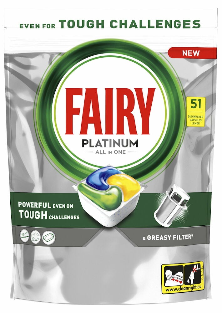 Pakkaus värikkäitä Fairy-konetiskitabletteja.