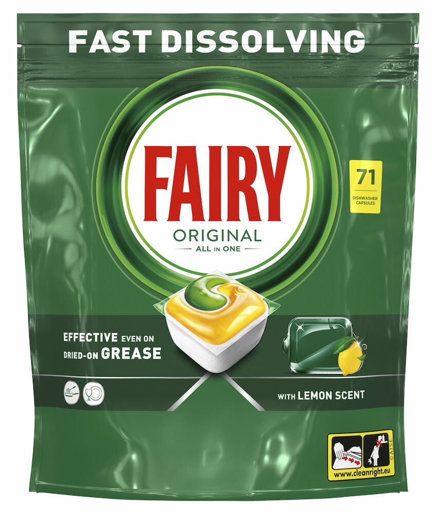 Vihreä pakkaus Fairy astianpesukonetabletit seitsemänkymmentäkolme-pakkaus.