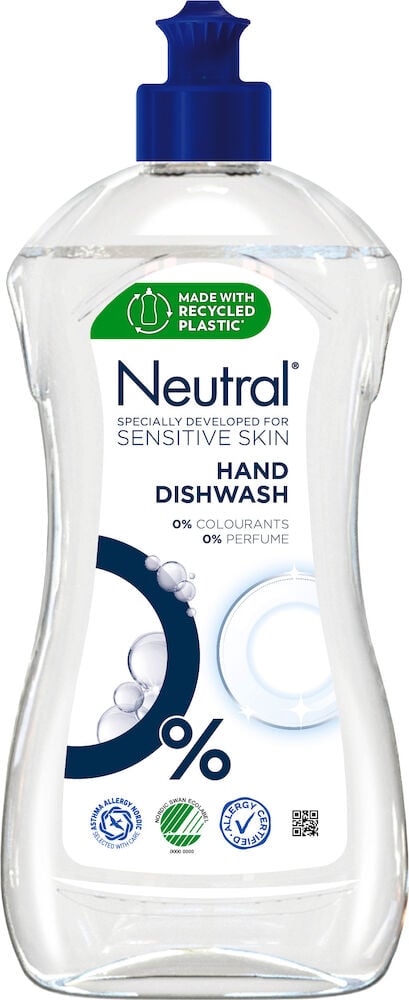 Genomskinlig flaska med blått lock och Neutral etikett.