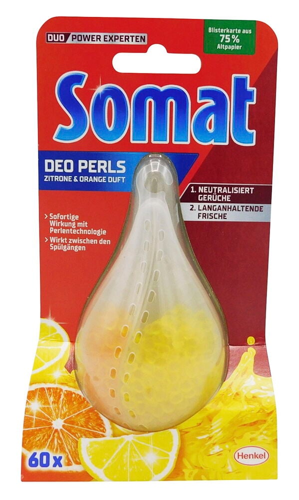 Spülmaschinendeo Somat 1er-Pack mit klarem Kunststoffspender, gelben und orangen Perlen, auf roter Verpackung.