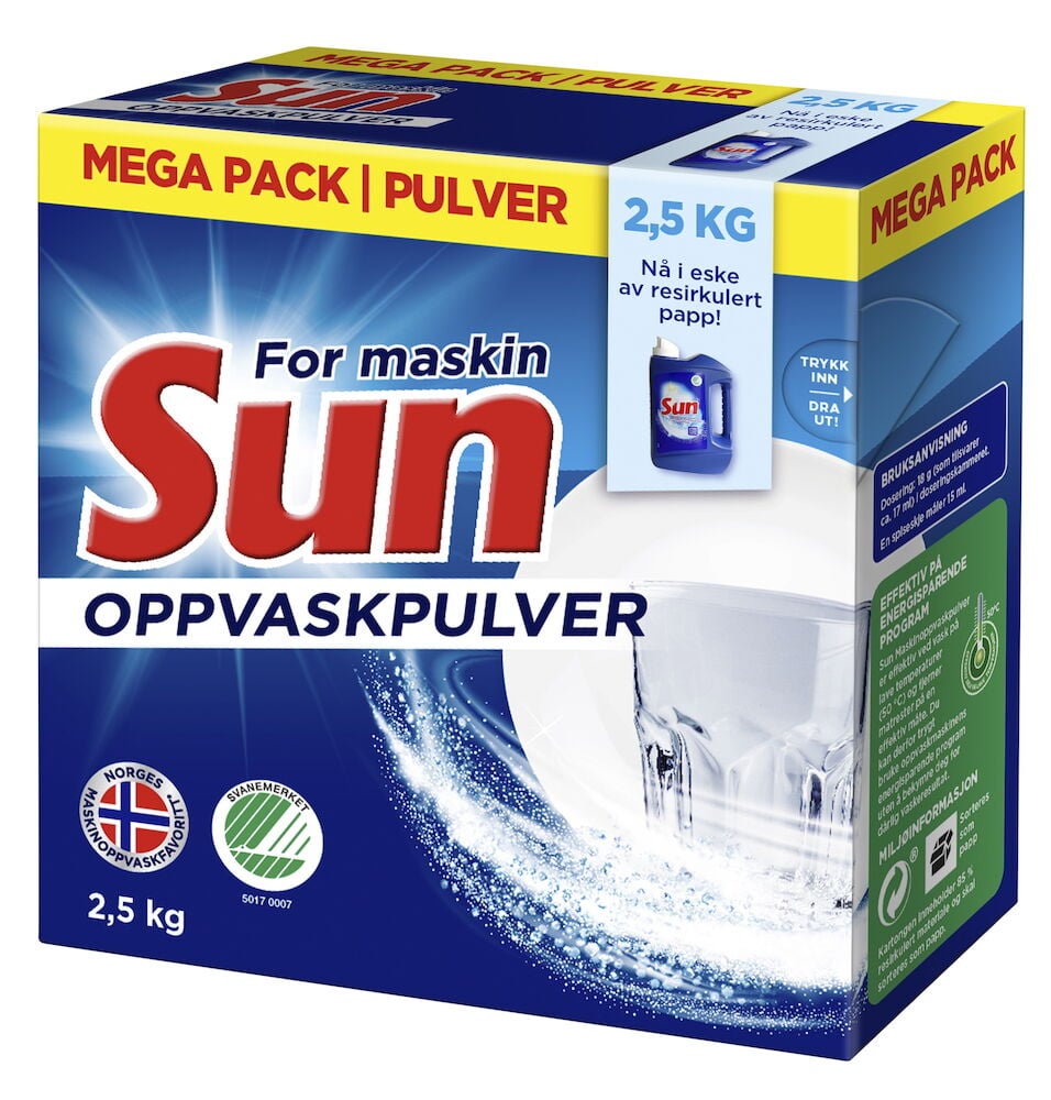 Blå kartong Sun maskinoppvaskmiddel 2,5 kg miljømerket.