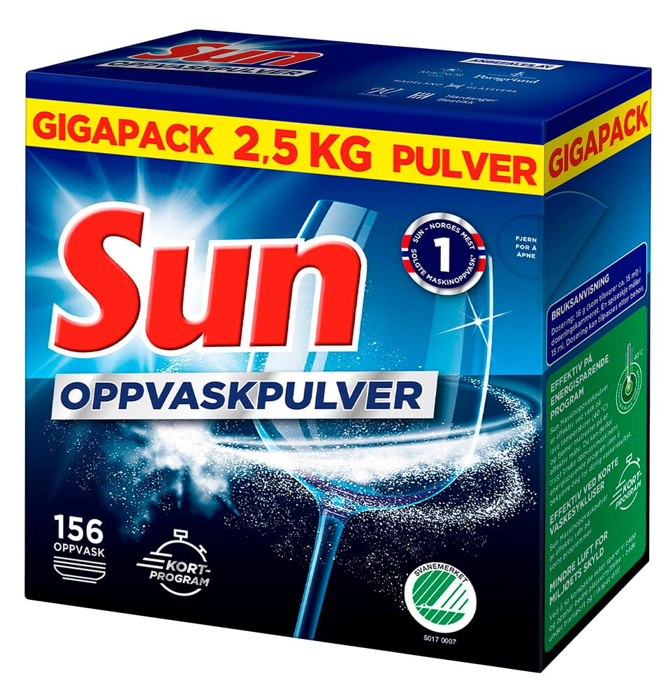 Maskinoppvaskpulver Sun 2,5 kg blå og hvit gigapack eske med gnistrende glassgrafikk, 156 oppvask.