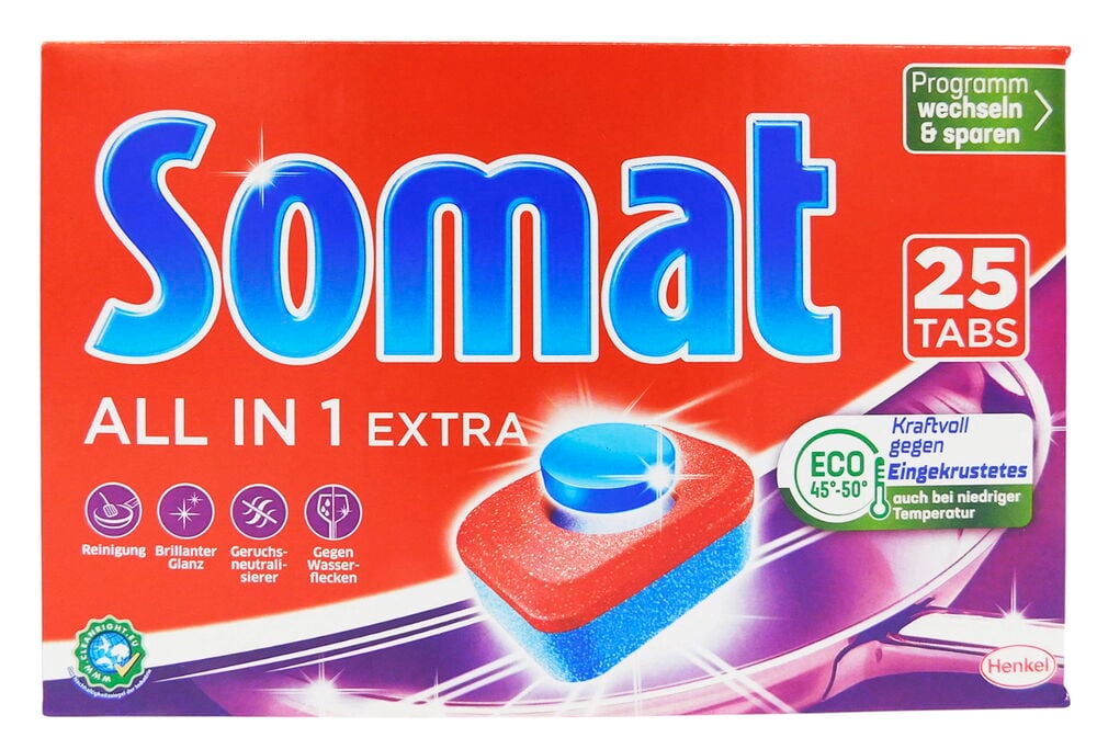 Rote Packung Spülmaschinentabs Somat All in one Extra mit 25 Tabs, zeigt einen roten und blauen Tab.