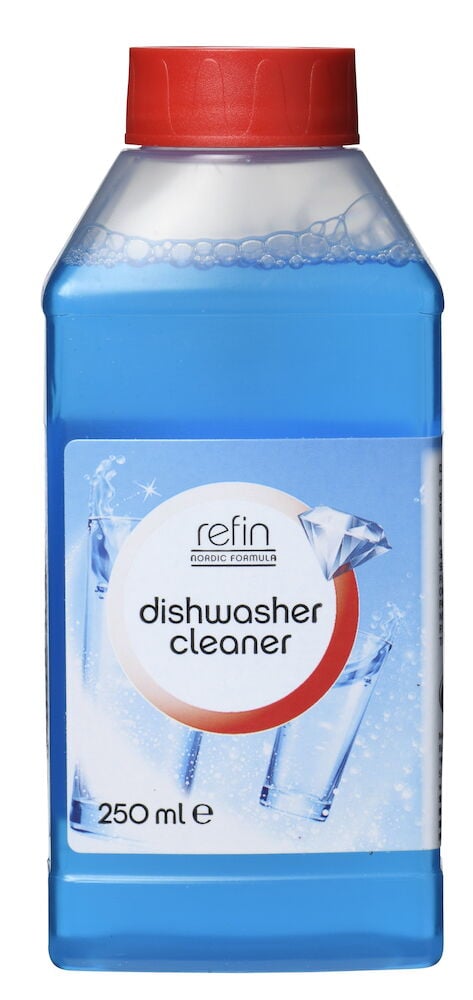 Blå flaska diskmaskinsrengöring med rött lock.