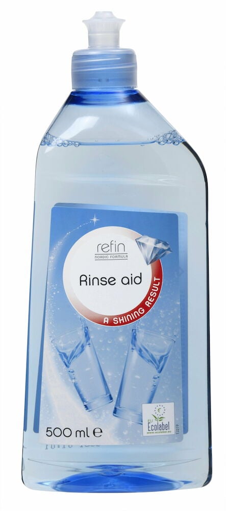 En genomskinlig flaska spolglansmedel för diskmaskin.