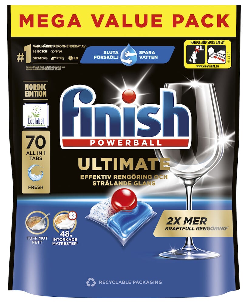 Diskmaskintabletter i paket med dryckesglas illustration.