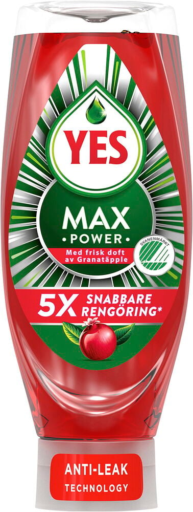 En röd flaska Diskmedel Yes Max Power 660 ml Granatäpple med ett vitt anti-leak lock.