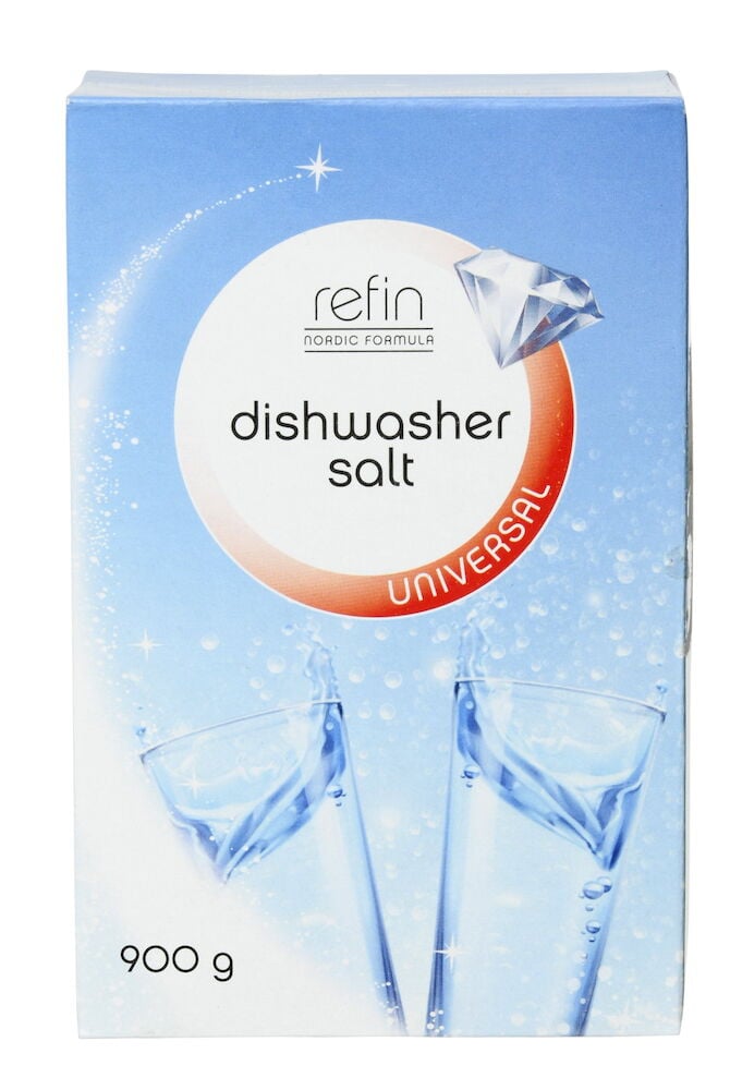 En blå forpakning med Refin oppvasksalt 900 gram.