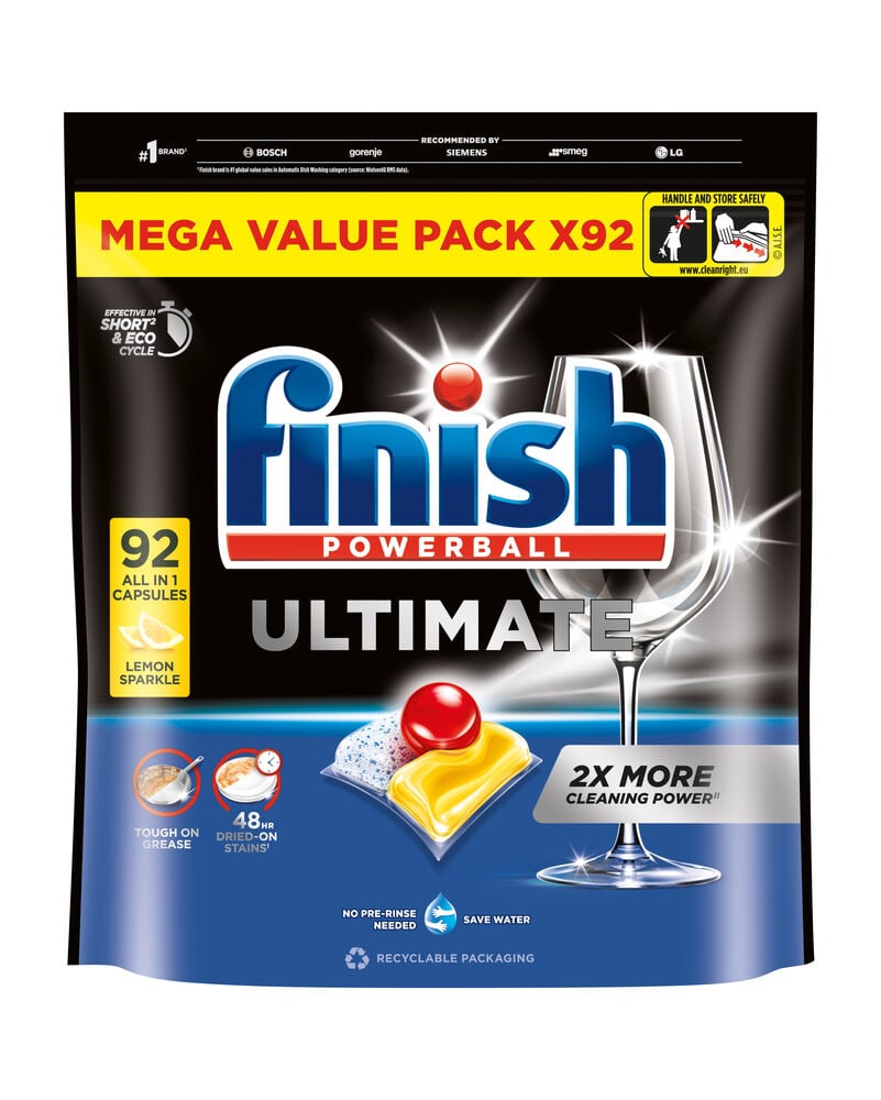 Musta-sininen pakkaus Finish Powerball Ultimate 92-pack Sitruuna konetiskitabletteja, yksi tabletti näkyvissä.