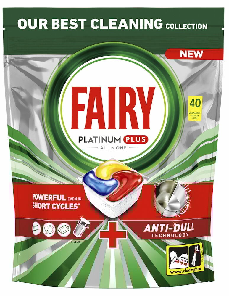 Fairy Platinum Plus -konetiskitabletit 40 kpl pakkauksessa.