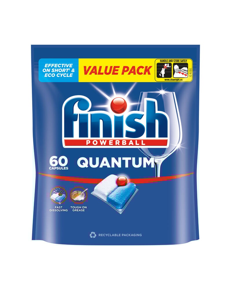 Oppvasktabletter Finish Quantum All in 1 60-pk i en grå fleksibel pose med tablett- og glassbilde.