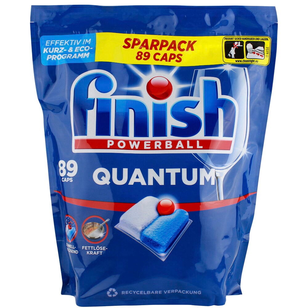 Spülmaschinentabs Finish Quantum All in 1 89 er-Pack in blauer Packung, zeigt eine Mehrfarb-Tab.