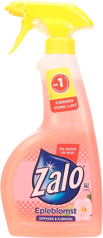 Rosa sprayflaske med gul spraykork og Zalo-logo.