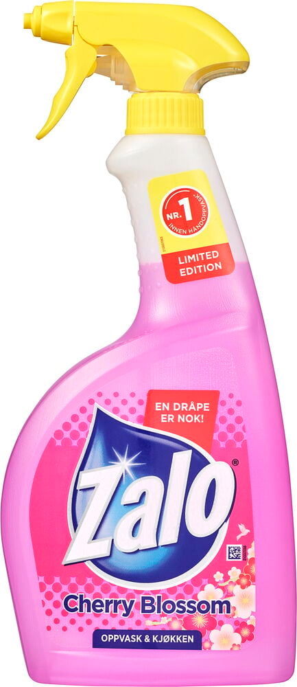 Rosa Zalo Cherry Blossom oppvask & kjøkkenspray i flaske med gul sprayhode.