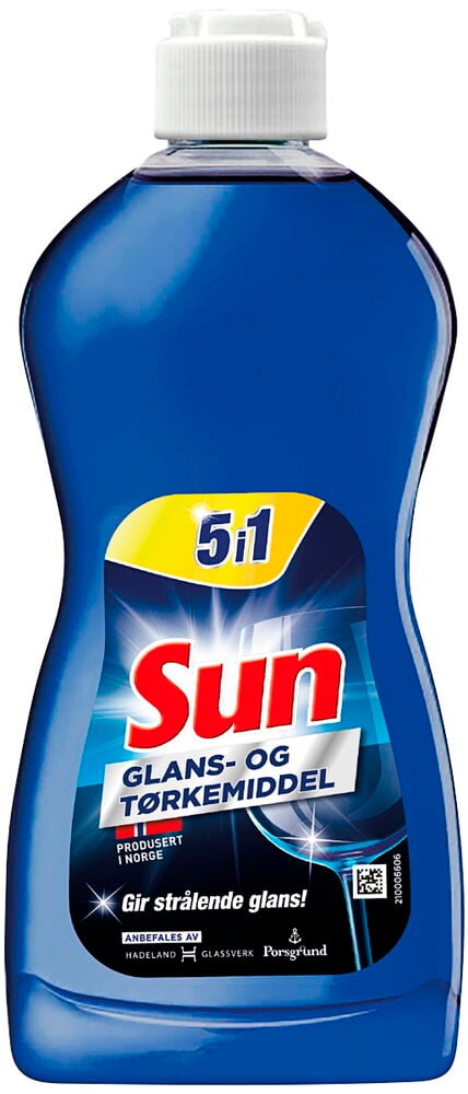 En blå flaske Glansemiddel Sun 500 ml med hvit kork og en gulblå 5:1 etikett.