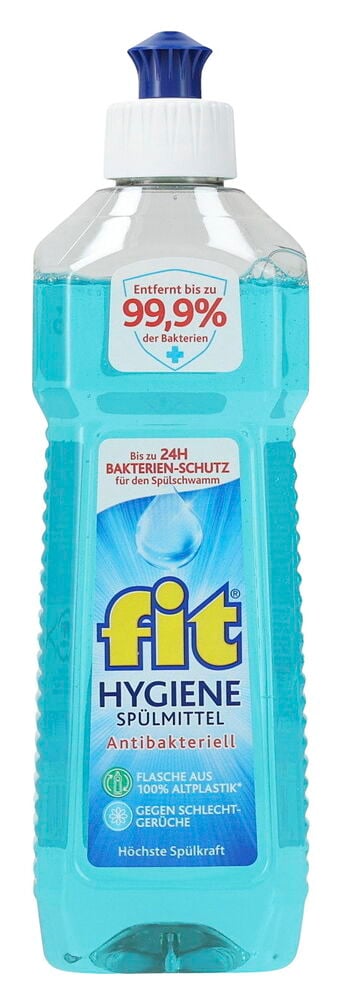 Blaue Handspülmittel Fit 500 ml Hygiene Anti Bacterial Flasche mit weißem Deckel und blauem Spender.