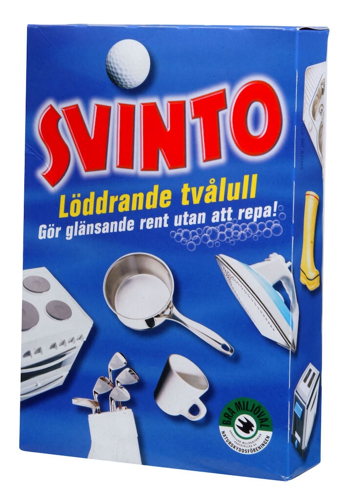 Blå förpackning med Svinto tvålull och rengöringsbilder.