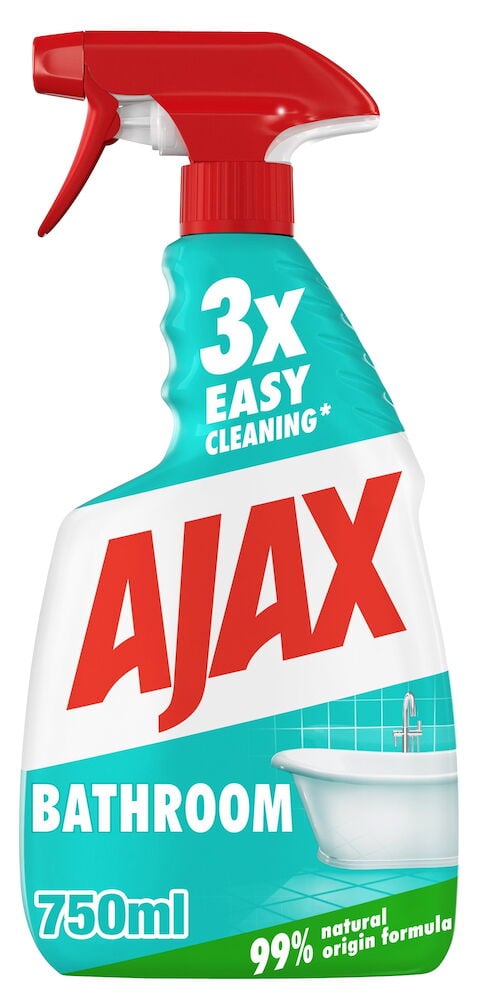 Sprayflaska med rött munstycke och Ajax badrumsrengöring.