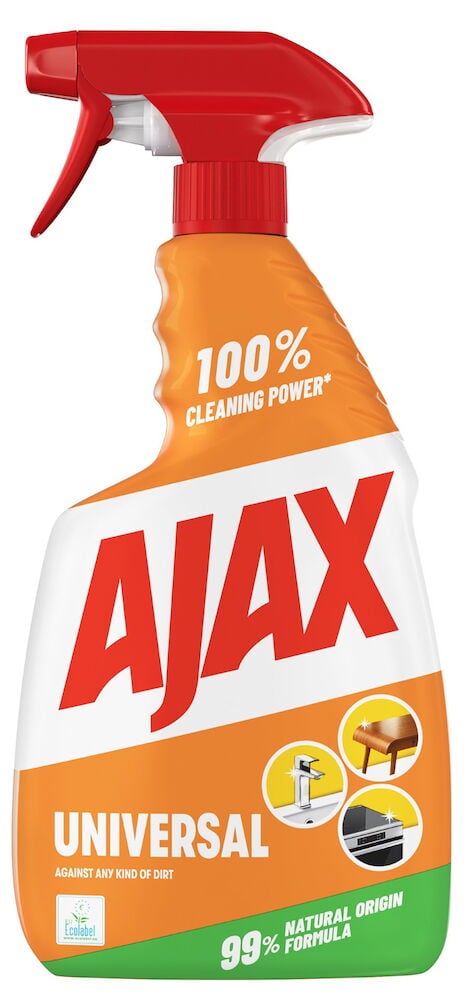 Sprayflaska Ajax Universal rengöringsmedel med röd spraymunstycke.