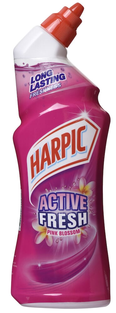 Rosa flaska Harpic toalettrengöring med blomdoft.
