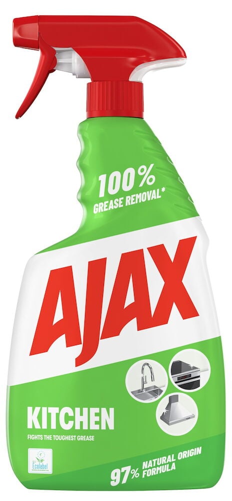 Grön sprayflaska Ajax köksrengöring med röd spraymunstycke.