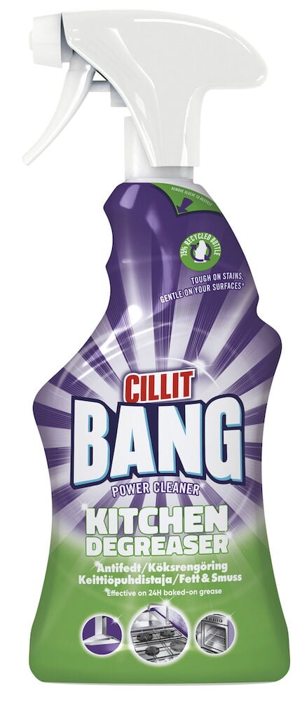 Lila och grön sprayflaska med vitt spraymunstycke.