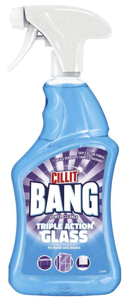 Blå sprayflaska med rengöringsmedel för glasytor.