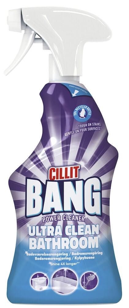 Lila sprayflaska med vitt munstycke för badrumsrengöring.