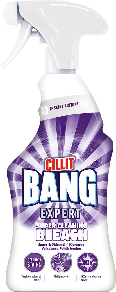 Sprayflaska med lila etikett och vitt munstycke.