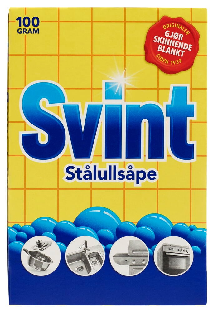 Gul pakke med Svint stålullsæbe med blå bobler.