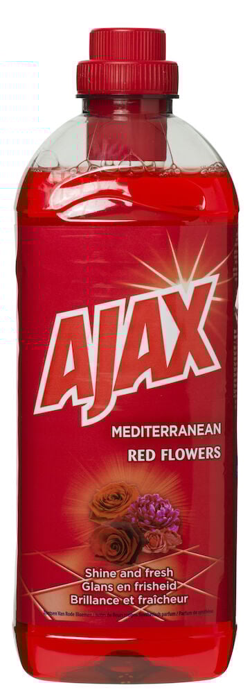 Röd flaska Ajax allrengöring med blommotiv.