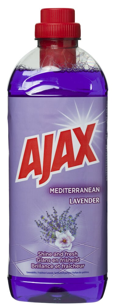 Lila rengöringsflaska med rött skruvlock och lavendelmotiv.