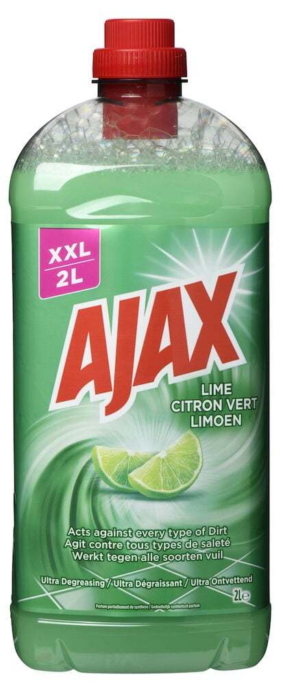 Grüne Plastikflasche Ajax Allzweckreiniger Limette aromatisierte Flüssigkeit.