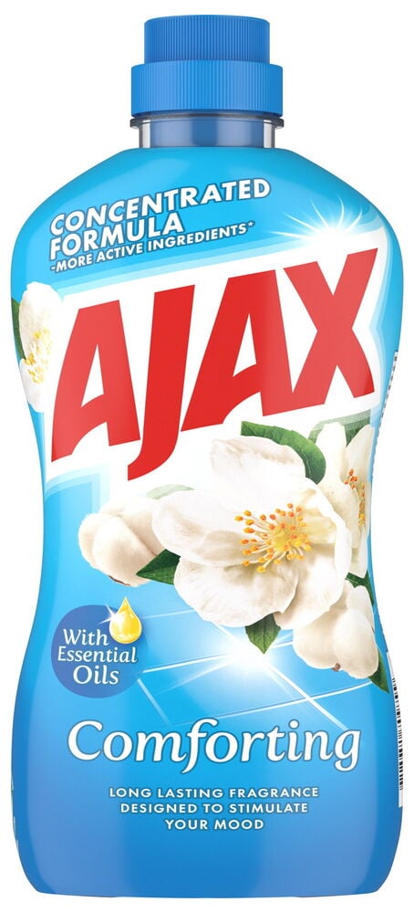 Blå Ajax allrengjøring i ergonomisk flaske med hvite blomster og blå kork.