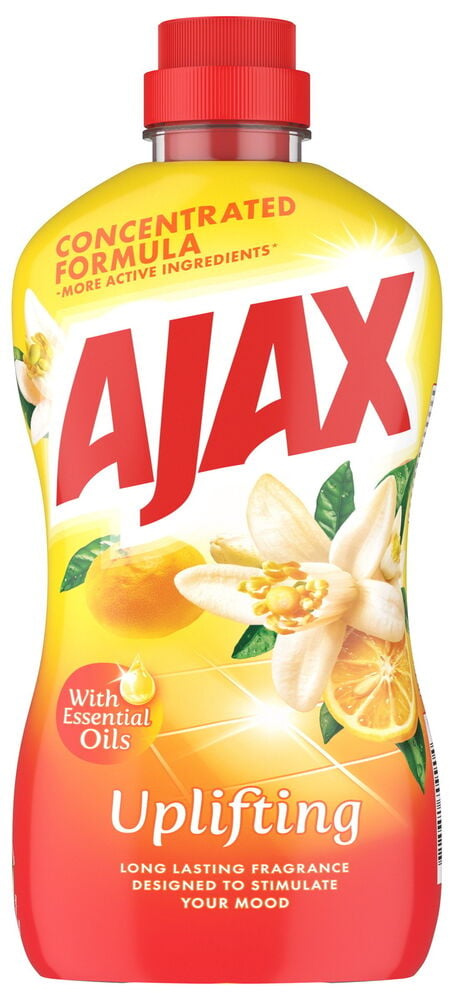 Allrengjøring Ajax 750 ml Upplifting i en rød og gul flaske med sitrus- og blomstergrafikk.