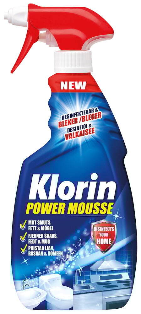 Spraypullo Klorin puhdistusaine kylpyhuoneelle ja keittiölle.