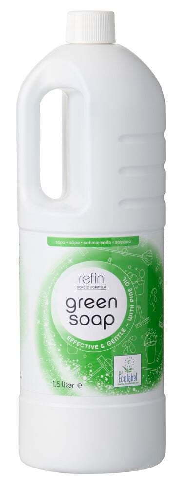 Weiße Plastikflasche Refin 1,5 Liter Grüne Schmierseife, mit Griff, weißem Deckel und grünem Etikett.
