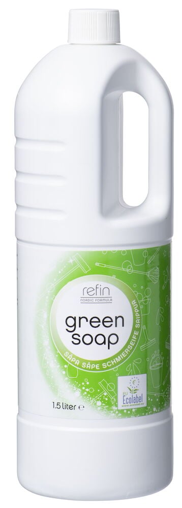 Hvit plastflaske med grønn etikett og håndtak.