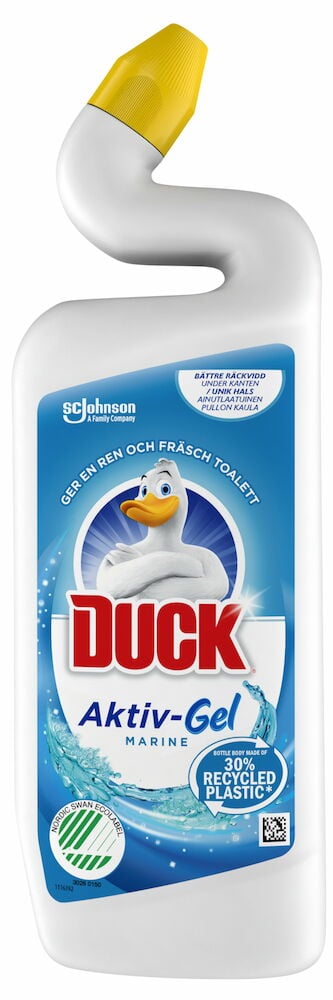 Valkoinen pullo, jossa on keltainen korkki ja sininen etiketti.