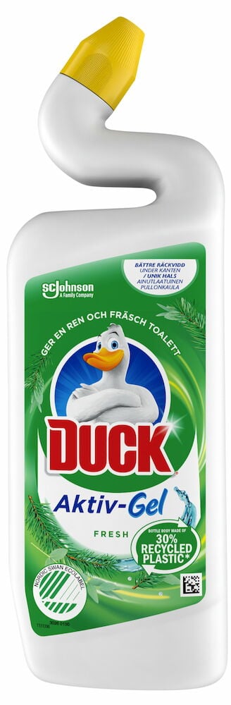 Valkoinen pullo Ankka WC-puhdistusainetta vihreällä etiketillä.