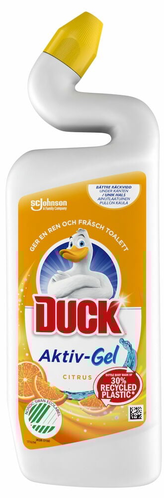 Valkoinen pullo Duck WC-puhdistajaa, jossa on keltainen korkki.