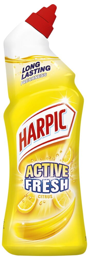 Gul rengjøringsflaske med rødt lokk og sitrustrykk.