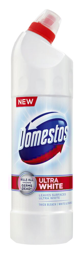 Valkoinen Domestos WC-puhdistusainepullo, jossa on punainen korkki.