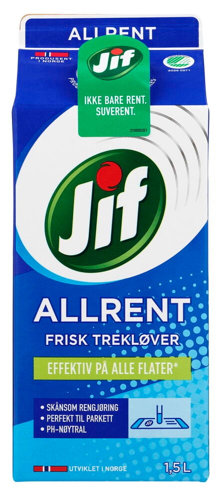 Blå Jif 1,5 L allrengjøring Frisk Trekløver kartong, med hvit og grønn branding.
