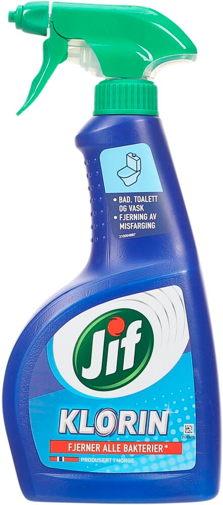 Blå sprayflaske med grønt sprøytemunnstykke og Jif-logo.