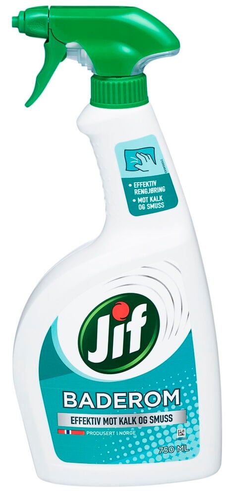 Hvitt plastflaske Jif baderomsrengjøring med grønn spray.