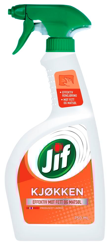 Gjennomsiktig sprayflaske med grønn kork og oransje etikett.