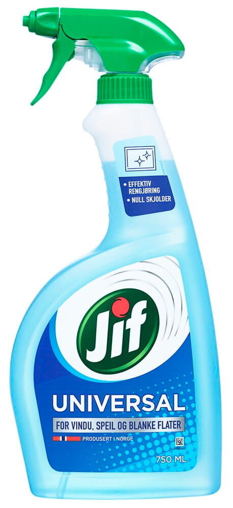 Blå sprayflaske med grønn trigger og Jif etikett.