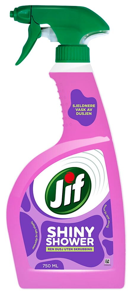 Rengjøringsspray Jif 750 ml Shiny Shower, en rosa flaske med grønn avtrekker og kork.