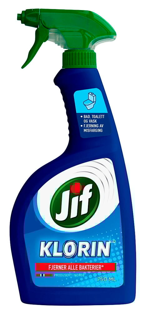 Rengjøringsspray Jif 750 ml Klorin, en mørkeblå flaske med grønn spraytopp og en blåhvit etikett.